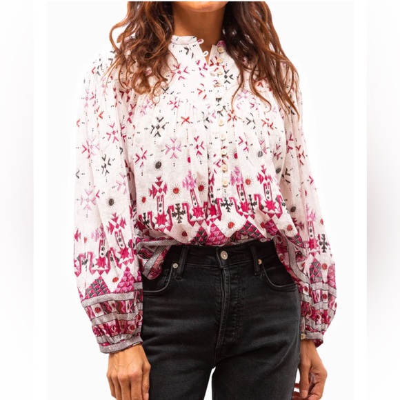 NEW Isabel Marant Salika Printed Cotton Blouse White/Pink/Silver S/S 23 Size 2 - Picture 5 of 12